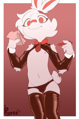 anthro biped black_clothing black_legwear black_panties black_stockings black_underwear bulge cheek_tuft claws clothed clothing cuffs_(clothing) eyebrows facial_tuft front_view fur hair holding_note_pad holding_object holding_pen legwear male navel necktie nipples panties partially_clothed pen red_eyes scut_tail short_hair short_tail simple_background skimpy solo standing stockings tail thigh_highs tuft underwear waiter white_body white_fur white_hair young young_anthro young_male ryess nintendo pokemon generation_8_pokemon pokemon_(species) scorbunny 2026 2:3 absurd_res hi_res