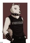 anthro band_shirt clothed clothing collar fur male simple_background solo spiked_collar spikes white_body white_fur mtiggah black_metal aamu_rauha akita canid canine canis domestic_dog mammal spitz absurd_res hi_res