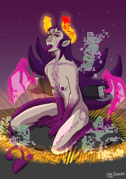 3_eyes breasts broken_halo circuit_markings claws covering covering_crotch female finger_claws forked_tongue horn kneeling markings membrane_(anatomy) membranous_wings multi_eye nude pointy_ears pupils sharp_teeth small_breasts solo summoning_circle tail teeth toe_claws tongue unusual_anatomy unusual_horn unusual_pupils usb_drive usb_tail wings yellow_sclera sloppyheadwind demon digital_creature human humanoid mammal absurd_res hi_res trans_(lore) trans_woman_(lore)