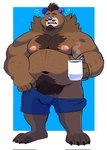 anthro belly beverage big_belly blue_ears blue_nose bottomwear brown_body brown_fur bulge clothing coffee coffee_mug container cup facial_hair fur genitals hair hairy holding_container holding_cup holding_object humanoid_hands male moobs mug mustache navel nipples overweight overweight_anthro overweight_male penis penis_base pubes shorts simple_background solo tired splashburr grizzly_(grizzlykuma) bear mammal 2022 hi_res