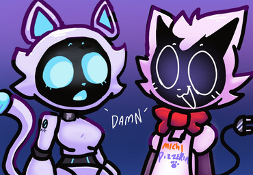 4_fingers :o accessory anthro anthrofied apron arm_tattoo black_face blue_eyebrows blue_eyes blue_inner_ear blue_mouth blue_nose blue_sclera blue_tongue bow_tie breasts cheek_tuft chibi clothing club_arms duo electrical_plug_tail eyebrows facial_tuft featureless_breasts female fingers floating_fingers for_a_head gradient_background logo looking_at_another machine male medium_breasts open_:3 open_mouth open_smile print_apron print_clothing purple_background red_bow_tie robot_joints screen screen_face segmented_body segmented_tail simple_background small_eyebrows smile tail tattoo text tongue tuft white_body white_eyes white_mouth white_nose wide_hips cherry15494706 pudu_robotics ka-t mono_(cherry15494706) bellabot domestic_cat felid feline felis mammal object_head robot robot_anthro screen_head 2025 artist_logo english_text half-length_portrait portrait shaded