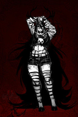 alternative_fashion antlers black_hair bottomwear clothed clothing crop_top eyewear female fur glasses goth hair hands_above_head hooves horn legwear light_body light_skin long_hair looking_away midriff shirt shorts solo standing thigh_highs topwear zerospanda freya_agalith animal_humanoid deer deer_humanoid faun humanoid mammal mammal_humanoid 2:3 absurd_res hi_res