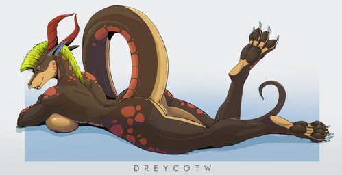 anthro anus big_breasts breast_squish breasts claws female genitals looking_at_viewer lying nipples non-mammal_breasts non-mammal_nipples nude on_front pawpads raised_tail side_view smile solo squish tail thick_thighs vulva dreycothewyrm mythology azara dragon mythological_creature mythological_scalie scalie hi_res