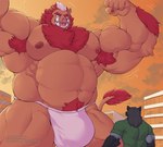 2022 anthro arm_tuft armpit_hair armpit_tuft beard belly_tuft body_hair boris_(heavyrocksboar) bulge canid canine chest_tuft city city_background clothed clothing detailed_background duo ear_piercing facial_hair flexing flexing_bicep flexing_both_biceps hair hi_res looking_down_at_another macro male mammal multicolored_hair musclegut muscular muscular_anthro muscular_male navel nipples piercing red_hair shirt size_difference suid suina sus_(pig) topwear tuft tusks underwear wild_boar zhenelov_(artist)