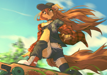 anthro arm_tuft biped bottomwear breasts clothed clothed_anthro clothed_female clothing cloud countershade_torso countershading day eyelashes facial_tuft female fingers footwear freckled_ears freckled_face freckled_legs freckled_shoulders freckled_thighs freckles front_view fully_clothed fully_clothed_anthro fully_clothed_female fur hair hat headgear headwear long_eyelashes outside shoes shoulder_tuft skateboard skateboarding sky solo speckle_freckles tail tattoo topwear tuft vehicle tinygaypirate apogee_(tinygaypirate) canid canine canis domestic_dog mammal 2026 absurd_res digital_drawing_(artwork) digital_media_(artwork) hi_res