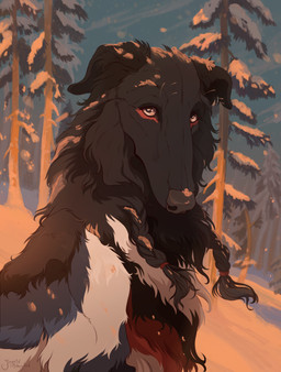 afternoon ambiguous_gender braided_hair detailed_background evening evergreen_tree hair multicolored_body outside pine_tree plant snow solo tree winter ingridskogstad borzoi canid canine canis domestic_dog hunting_dog mammal sighthound 2025 digital_drawing_(artwork) digital_media_(artwork) hi_res paint_tool_sai_(artwork) portrait