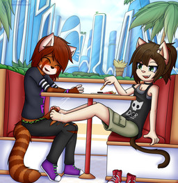adolescent anthro barefoot blush bodily_fluids bottomwear clothing cum cum_on_feet cumshot duo ejaculation feet female foot_fetish foot_play footjob genital_fluids male paws public public_sex sex shorts young dream_mirage axel_biersack ailurid domestic_cat felid feline felis mammal red_panda absurd_res hi_res