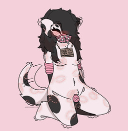 anthro arms_tied balls bdsm bite_mark bite_mark_on_arm bite_mark_on_breast bite_mark_on_butt bite_mark_on_chest bite_mark_on_leg bite_mark_on_neck bite_mark_on_stomach bite_mark_on_tail bite_mark_on_thigh bite_marks_all_over black_body black_fur black_hair bondage bound breasts chastity_cage chastity_device eyebrow_piercing eyes_closed facial_piercing floppy_ears free_use fur genitals gynomorph hair hands_behind_back intersex long_hair markings masochism muzzle_(object) navel nipples piercing restraints rope rope_bondage shaking sign solo spots spotted_body spotted_fur tail tail_motion tailwag trembling white_body white_fur ashblondekittyy cindy_(ashblondekitty) canid canine canis dalmatian domestic_dog mammal trans_(lore) trans_woman_(lore)