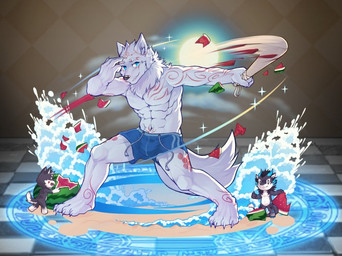 abs anthro biceps blue_eyes food fruit fur group male melon muscular plant tail tattoo watermelon wuyabottom mythology canid canine canis domestic_dog dragon furred_dragon furred_scalie husky mammal mythological_creature mythological_scalie nordic_sled_dog scalie spitz wolf 2018