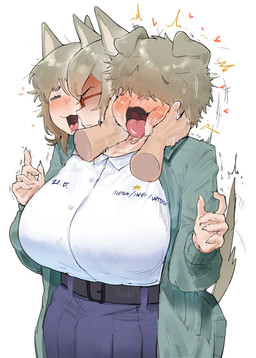 3_heads 5_fingers belt big_breasts blush bottomwear breasts chin_grab clothing disembodied_hand duo eyes_closed eyewear female fingers glasses hair heart_symbol huge_breasts looking_aside multi_head open_mouth rectangular_glasses shaking short_hair simple_background skirt tail tongue tongue_out trembling white_background maikamiaka haewn_(maikamiaka) phech_(maikamiaka) ploy_(maikamiaka) animal_humanoid canid canid_humanoid canine canine_humanoid dog_humanoid humanoid mammal mammal_humanoid 2024 digital_media_(artwork) hi_res