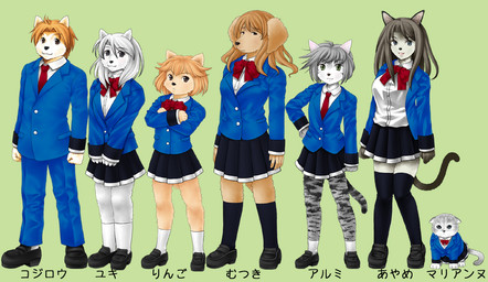 anthro asian_clothing blue_clothing blue_topwear blue_vest clothed clothing east_asian_clothing female feral fully_clothed fur group hair holidays japanese_clothing japanese_school_uniform kemono male red_ribbon school_uniform topwear uniform vest white_body white_fur white_hair unyah april_fools'_day 2011