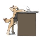 animal_genitalia anthro apron apron_only balls big_balls bottomless clothed clothing coffee_cup container cup digitigrade eyewear genitals glasses male rectangular_glasses sheath simple_background solo white_background shellsist canid canine mammal