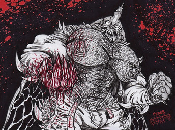 anthro belt big_muscles big_nipples big_pecs black_background blood blood_splatter bodily_fluids body_hair bulge chest_hair happy_trail horn huge_pecs male muscular muscular_male nipple_piercing nipple_ring nipples pecs piercing ring_piercing saggy_pants simple_background solo spikes the_fedor_corpse arthropod beetle insect