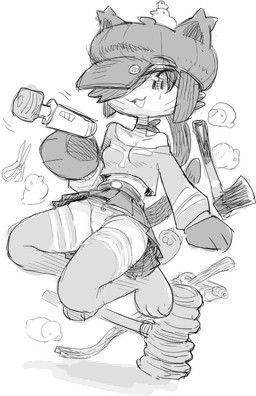3_fingers anthro axe catball clothed clothing female fingers hair hair_over_eye hammer hat hatchet headgear headwear kerchief legwear neckerchief neckwear panties pattern_clothing pattern_legwear pattern_thigh_highs rubber_duck scissors sex_toy shirt smile solo striped_clothing striped_legwear striped_thigh_highs stripes thigh_highs tools topwear underwear upskirt vibrator wand_vibrator archeryves 90_percent_studios miside purrfect_apawcalypse coco_grimalkin mita_(miside) domestic_cat felid feline felis mammal monochrome