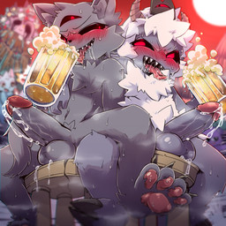 3_eyes alcohol anthro anthro_on_anthro balls beer beverage biped black_sclera blush bodily_fluids claws cum erection fur genital_fluids genitals glans horn humanoid_genitalia humanoid_penis interspecies male male/male multi_eye open_mouth open_smile pawpads penis red_eyes sharp_teeth smile teeth tongue tongue_out vein veiny_penis borushi cult_of_the_lamb massive_monster_(studio) lamb_(cult_of_the_lamb) narinder red_crown_(cult_of_the_lamb) bovid caprine felid feline mammal sheep 1:1