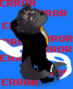 accessory anthro black_clothing black_suit blue_background cigarette clothing fur grey_body grey_fur male necktie orange_necktie simple_background smoke standing suit weltoart binturong mammal viverrid absurd_res hi_res