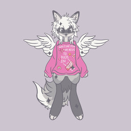 ambiguous_gender anthro clothing flower fur grey_background grey_body grey_fur hair heart_symbol looking_at_viewer pill_bottle pink_clothing pink_sweater pink_topwear plant rainbow_symbol simple_background smile smiley_face smiling_at_viewer solo sweater text text_on_clothing text_on_topwear topwear white_hair wings ardawg geo_(arlo) angel canid canine canis hybrid mammal wolf 1:1 hi_res nonbinary_(lore)