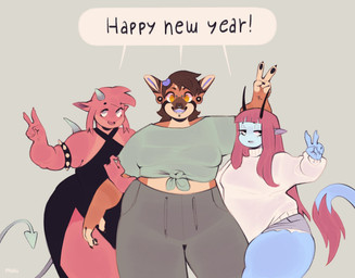 5_fingers anthro black_clothing black_dress bottomwear breasts bridge_piercing clothing dress emoji_description facial_piercing female fingers gesture group hair half-closed_eyes hand_gesture head_horn holiday_message holidays horn midriff narrowed_eyes nose_piercing nose_ring open_mouth open_smile pants piercing pink_body ring_piercing septum_piercing septum_ring shirt simple_background slightly_chubby slightly_chubby_anthro slightly_chubby_female smile spade_tail speech_bubble sweater tail tail_tuft teeth text thick_thighs topwear trio tuft v_sign paggi mythology new_year absynth_(paggi) nana_(paggi) trasha canid canine deer dragon fox hybrid mammal mythological_creature mythological_scalie scalie 2024 digital_drawing_(artwork) digital_media_(artwork) english_text hi_res
