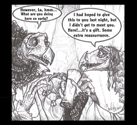 anthro beak claws dialogue elderly fangs gift gown hair multi_limb renaissance_clothing scroll smile speech_bubble teeth text whimper worried skekla_(artist) the_dark_crystal skekla_the_illustrator skeksil_the_chamberlain alien skeksis 2025 comic english_description english_text signature herm_(lore)