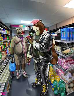 anthro ball_gag belly body_hair bondage_gear bondage_gloves boots bottomwear chastity_cage chastity_device clothed clothed_male clothing collar convenience_store detailed_background duo footwear gag hairy_legs handwear happy_trail holding_bag holding_leash holding_object jacket kerchief leash leather leather_bottomwear leather_clothing leather_jacket leather_pants leather_topwear lock lock_symbol looking_at_object male male/male moobs navel neckerchief neckwear nipple_weights nude_male only_one_nude overweight overweight_male pants pubes public public_nudity shoes tail topwear whiskers aviesergal grayson_(ggponk) canid canine canis hybrid mammal procyonid raccoon wolf hi_res