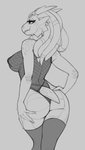 anthro big_breasts big_butt breasts butt clothing corset dreadlocks ear_piercing female fishnet_clothing horn legs_together legwear lingerie nipple_tape non-mammal_breasts pasties piercing rear_view smile solo standing tape thigh_highs topwear wide_hips shycryptid talessa_(character) scalie 2020 hi_res monochrome sketch