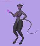 breasts dark_body dark_fur dark_skin female fur genitals glowing glowing_eyes hooves horn looking_at_viewer magic mouthless nipples not_furry purple_eyes pussy solo tail kawaiiredpandas demon humanoid absurd_res hi_res