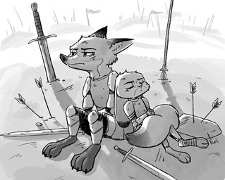 3_toes anthro armor arrow_(weapon) barefoot claws dipstick_ears dipstick_tail duo ear_markings ears_down eyes_closed feet female fur inner_ear_fluff long_ears male markings melee_weapon multicolored_ears multicolored_tail pivoted_ears polearm ranged_weapon shield sitting spear sword tail tail_markings toe_claws toes tuft weapon fuel_(artist) disney zootopia judy_hopps nick_wilde canid canine fox lagomorph leporid mammal rabbit red_fox true_fox 2017 greyscale monochrome