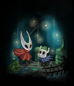 ambiguous_feral ambiguous_gender black_body black_fur blue_cloak blue_clothing cloak clothing cosplay dim_lighting duo feral fur hollow_eyes horn plant red_cloak red_clothing standing young young_ambiguous young_feral carpdime fluffy_pony hollow_knight_(franchise) team_cherry hornet_(hollow_knight) the_knight_(hollow_knight) fluffy_pony_(species) mammal 2021 crossover digital_media_(artwork)