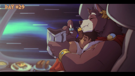 anthro armlet black_hair black_nose bracelet bread brooch candy candy_bag cape chair claws clothing cuddling dessert duo eating facial_hair finger_claws food fur furniture grey_body grey_fur hair jewelry male muscular nipples piercing pizza robe size_difference sleeping spacecraft vehicle wreath soradezwolfox adastra adastra_(series) echo_project amicus_(adastra) marco_(adastra) canid canine canis human mammal wolf 16:9 2024 hi_res widescreen