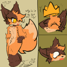 anthro bodily_fluids crown crying ear_piercing emotional eyelashes fluffy fur hair headgear long_hair male multicolored_body orange_body orange_fur piercing simple_background smile solo tail tears text thick_thighs toony yellow_eyes foxiusrahhh hideko_yosuke american_red_fox canid canine fox mammal red_fox true_fox 1:1 colored digital_drawing_(artwork) digital_media_(artwork) hi_res signature sketch