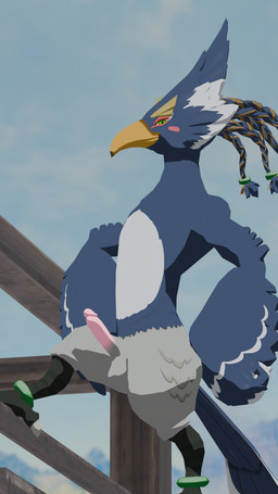 anthro balls beak blue_body feathers genitals green_eyes hands_on_hips humanoid_genitalia humanoid_penis looking_at_viewer male multicolored_body on_model one_leg_up penis proud_expression raised_leg smile smiling_at_viewer smirk smirking_at_viewer solo standing tail furryfamine20 breath_of_the_wild nintendo the_legend_of_zelda revali avian bird rito 9:16 blender_(artwork) digital_media_(artwork) hi_res