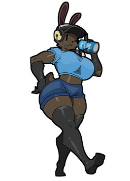 anthro beverage_can big_breasts black_body black_boots black_clothing black_footwear black_fur black_gloves black_handwear blue_bottomwear blue_clothing blue_shirt blue_shorts blue_topwear boots bottomwear breasts clothing electronics female footwear fur gloves handwear hat headgear headphones headwear looking_at_viewer one_eye_closed shirt shoes shorts solo topwear wink winking_at_viewer akumufluffy team_fortress_2 valve lucy_(usernamecipher) scout_(team_fortress_2) lagomorph leporid mammal rabbit hi_res
