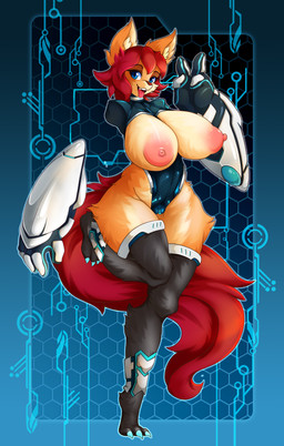 amputee anthro areola bare_chest big_breasts bodysuit breasts clothing cybernetics disability female fur genitals huge_breasts machine nipples open_mouth skinsuit smile solo tight_clothing tongue tongue_out vulva wide_hips azura_inalis ava_(azura_inalis) canid canine fox mammal 2018 absurd_res hi_res