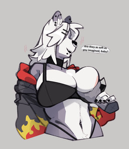 anthro big_breasts bra breast_grab breast_squeeze breast_squish breasts clothing collar dialogue ear_piercing eyebrow_piercing facial_piercing female front_view grey_body guided_breast_grab hand_on_breast lip_piercing low-angle_view navel navel_piercing piercing solo speech_bubble squeezing squish text underwear wrist_grab hurbles sab_(hurbles) canid canine mammal english_text
