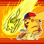 ambiguous_gender clothing eating feral food hat headgear headwear sitting solo text yellow_body hinami nintendo pokemon generation_1_pokemon pikachu pokemon_(species) 1:1 2009 digital_media_(artwork) japanese_text translation_request