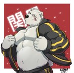 abs anthro clothing eyewear glasses male nipples overweight overweight_anthro overweight_male pecs scar solo text tracksuit estper odd_taxi sekiguchi_(odd_taxi) bear mammal polar_bear ursine hi_res japanese_text