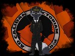 anthro brown_eyes clothing flag flag_background fur grey_body grey_fur male military_uniform simple_background solo uniform ziegelzeig bad_guy_cafe creepson canid canine fox mammal red_fox silver_fox true_fox hi_res