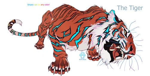 blue_eyes cheek_tuft chin_tuft claws facial_tuft fangs feral fur logo markings open_mouth pawpads pupils red_body red_fur red_pawpads red_pupils red_tongue sharp_teeth simple_background solo striped_back striped_legs striped_markings striped_tail stripes tail tail_markings teeth text tongue tuft whiskers white_background white_body white_claws white_fur yellow_sclera blackscour felid mammal pantherine tiger absurd_res artist_logo artist_name flat_colors hi_res