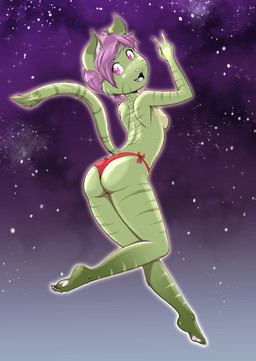 anthro biped black_markings black_stripes breasts butt claws clothed clothing cosmic_background cute_fangs dipstick_ears ear_markings eyebrows fangs female fur gesture green_body green_fur hair hand_gesture heart_eyes heart_symbol looking_at_viewer looking_back looking_back_at_viewer markings multicolored_ears nipples open_mouth panties panties_only pawpads pink_eyes pink_hair pink_nose plantigrade rear_view red_clothing red_panties red_underwear short_hair sky small_breasts solo star starry_background starry_sky striped_body stripes teeth text toe_claws tongue topless topless_female underwear underwear_only v_sign young young_anthro young_female risingdragon midori_(risingdragon) domestic_cat felid feline felis mammal 2025 absurd_res english_text hi_res