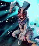 ambiguous_gender anthro blood blood_on_face bodily_fluids bow_(feature) bow_in_front bow_tie clothing costume derp_eyes eyelashes fursuit long_ears multicolored_body patch_(fabric) red_eyes scut_tail short_tail sitting solo tail white_body skylordlysander five_nights_at_freddy's five_nights_at_freddy's:_security_breach scottgames steel_wool_studios vanny_(fnaf) lagomorph leporid mammal rabbit digital_media_(artwork) hi_res