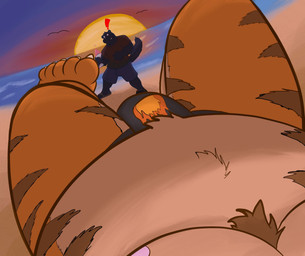 anthro beach belly black_body bottomwear bulge clothing duo exclamation_point male male/male melanistic moobs nipples orange_body overweight overweight_male seaside shirt shorts sun sunset swimwear topwear water dippubear felid mammal pantherine tiger 2019 hi_res