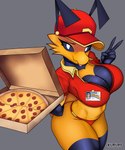 2_antennae 5_fingers antennae_(anatomy) anthro asking_what bedroom_eyes big_breasts bleh blue_antennae blue_arms blue_breasts blue_markings blue_neck blue_sclera bodily_fluids breasts cleavage clothed clothing container crop_top delivery_(commerce) eyelashes female female_anthro fingers food food_delivery fur gesture glistening glistening_breasts glistening_thighs grey_background hand_gesture hat headgear headwear holding_container holding_object holding_pizza_box id_card leg_markings looking_at_viewer markings multicolored_body narrowed_eyes non-mammal_breasts offscreen_character pink_tongue pizza pizza_box pizza_delivery profanity red_clothing red_crop_top red_hat red_headwear red_shirt red_thong red_topwear red_underwear seductive shirt simple_background solo striped_markings stripes sweat thick_thighs thigh_markings thong tongue tongue_out topwear tuft two_tone_body underwear v_sign white_eyes wide_hipped_anthro wide_hipped_female wide_hips yellow_body yellow_fur yellow_stinger yellow_tuft kurupi_(artist) pizza_bee_(xexeezy) te arthropod bee hymenopteran insect 5:6 hi_res