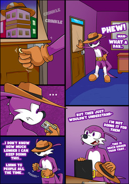 anthro belly belt belt_buckle brown_belt brown_clothing brown_gloves brown_handwear brown_hat brown_headwear buckle clothing desk detective dialogue fedora footwear fur furniture gloves handwear hat headgear headwear legwear license male office purple_body purple_eyes purple_fur removing_hat socks solo table text thigh_highs thigh_socks white_belly white_body white_fur white_mouth tinydevilhorns sega sonic_the_hedgehog_(series) fang_the_hunter dipodid jerboa mammal rodent 2026 absurd_res comic english_text hi_res multiple_scenes