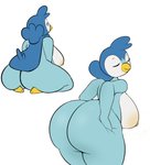 anthro anthrofied areola big_areola big_breasts big_butt breasts butt butt_squish eyes_closed female hand_on_butt nipples overweight overweight_anthro overweight_female pokemorph short_stack sitting slightly_chubby smile solo squish plantedpot nintendo pokemon malinda_(plantedpot) avian bird generation_4_pokemon penguin piplup pokemon_(species) absurd_res hi_res