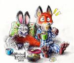 anthro duo female fur male simple_background white_background penmark disney zootopia judy_hopps nick_wilde canid canine fox lagomorph leporid mammal rabbit red_fox true_fox 2016