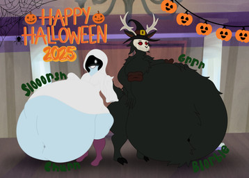abdominal_bulge ambiguous_gender ambiguous_prey anthro anthro_pred antlers areola arm_tuft bedsheet_ghost belly belly_overhang belly_tuft big_belly big_breasts big_butt black_body black_fur bone breast_tuft breasts bulge butt churn churning claws clenched_teeth clothing costume costume_party detailed_background digestion digestion_noises dominant dominant_anthro dominant_female dominant_femboy dominant_male dominant_pred duo exposed_areola exposed_belly exposed_chest fangs fatal_vore female female_pred femboy femboy_pred finger_claws food footwear fruit fur ghost_costume glowing glowing_eyes grin group growling grrr halloween_costume halloween_decoration halloween_party halloween_themed hand_on_belly hand_on_own_belly hat hat_buckle haunted_house headgear headwear holidays hoodie hooves horn huge_belly human_prey implied_fatal leggings legwear long_sleeves male male_pred multiple_pred multiple_prey navel navel_tuft nipple_slip obese obese_anthro obese_female obese_male onomatopoeia overweight overweight_anthro overweight_female overweight_male pale_body pale_skin party pec_outline plant pumpkin purple_clothing purple_leggings purple_legwear rumbling_stomach same_size_vore satisfaction satisfied satisfied_look shaded_face shoulder_tuft side_by_side skull skull_head slorsh slosh sloshing sloshing_belly smile smug smug_expression smug_eyes smug_face smug_grin smug_pred socks sound_effects spider_web stockings tail tail_tuft teeth text thick_thighs three-quarter_view toe_claws topwear tuft unseen_prey vore willing_pred witch_costume witch_hat mandro22 american_mythology european_mythology halloween indigenous_north_american_mythology mythology north_american_mythology animal_humanoid deer human humanoid mammal mammal_humanoid monster monstrous_humanoid mythological_creature vampire wendigo absurd_res hi_res