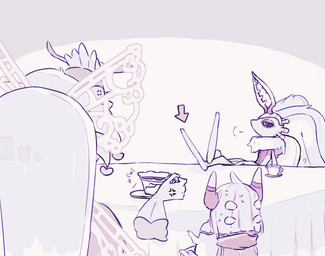 2_horns 4_wings ambiguous_gender angry antennae_(anatomy) anthro antlers armless arthropod_abdomen biped black_sclera bodily_fluids breath chair chest_tuft clothing container countershade_torso countershading cross-popping_vein crown cup digitigrade directional_arrow duo female floating_hands foot_on_table fur furniture gloves hair handwear head_wings headgear heart_symbol horn huge_wings insect_wings kettle leaning leaning_backward legless mouthless multi_wing multicolored_body multicolored_fur neck_tuft nervous pupils simple_background size_difference small_waist sweat sweatdrop table tea_cup text three-quarter_view tuft unusual_wing_placement wasp_waist white_background wings metro_(pixiv) kirby:_triple_deluxe kirby_(series) kirby_and_the_forgotten_land nintendo fecto_elfilis queen_sectonia taranza alien arachnid arthropod chinchilla chinchillid humanoid hymenopteran insect mammal rodent spider spidr starling_(kirby) wasp 2022 digital_drawing_(artwork) digital_media_(artwork) japanese_text monochrome male_(lore)
