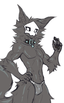 anthro arm_tuft big_tail bikini_briefs black_body black_briefs black_clothing black_underwear briefs bulge clothing collar fluffy latex looking_at_viewer male mask neck_tuft simple_background solo tail tuft underwear white_eyes potatokamaos changed_(video_game) puro_(changed) 2026 hi_res