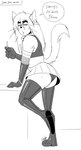 anthro bottomwear clothed clothing collar crossdressing eyeliner implied_prostitution makeup male skirt solo speech_bubble tail text whiskers jordo_(artist) george_(jordo) domestic_cat felid feline felis mammal english_text hi_res monochrome