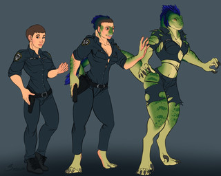 anthro base_one_layout basic_sequence bottomwear breasts brown_hair claws clothing female green_body gun hair human_to_anthro linear_sequence one_row_layout pants police police_uniform ranged_weapon simple_background smile solo species_transformation standing three_frame_image three_frame_sequence torn_clothing transformation transformation_sequence uniform weapon sindaj dinosaur dromaeosaurid human mammal prehistoric_species reptile scalie theropod 2019 5:4 sequence